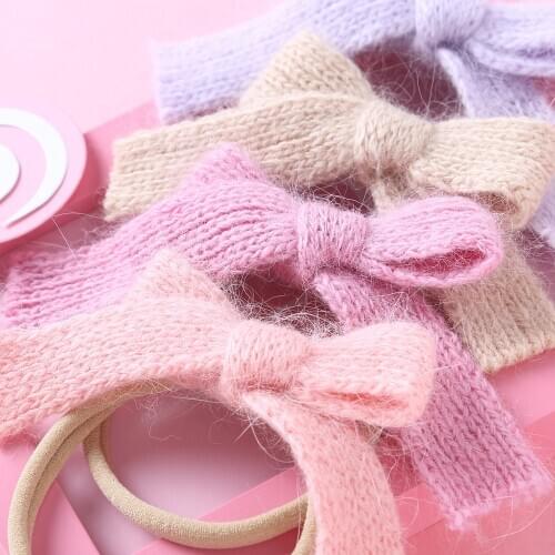 Baby Girl Solid Knitting Hair Bows Woolen Warm Headbands Hair Holder Elastic Hairbands Turban Headwraps Fashion Hair Accessories