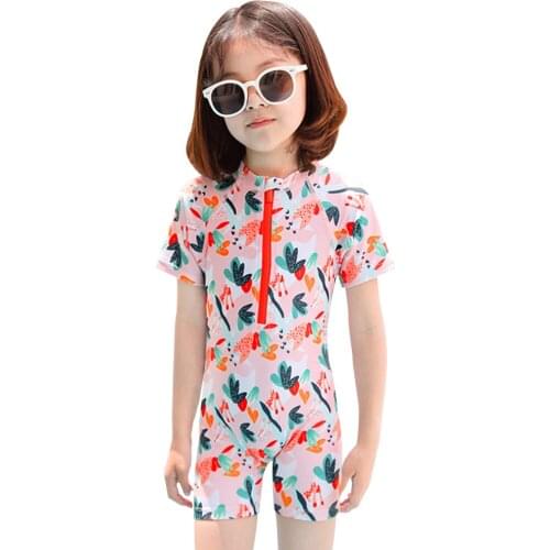 3~12Y Girls One Piece Swimwear With Cap Quick-Dry Swimsuit Children O-Neck Beachwear Bathing Suit With Zipper Beach Pool Wear
