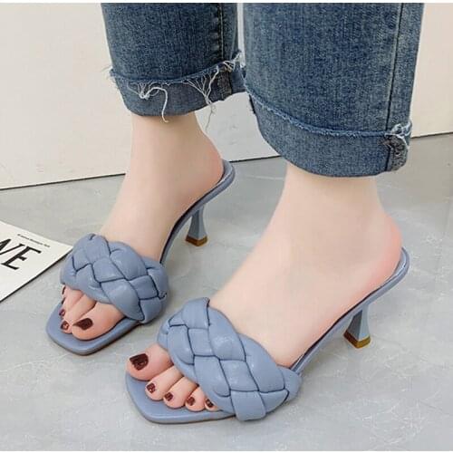 Weave Designer Women Slipper Ladies Thin High Heel Sandal 2021 New Summer Slip-On Open Toe Brown Outdoor Slides Flip Flop Shoe
