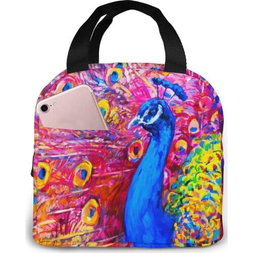 Portable Lunch Bag Colorful Peacock Thermal Insulated Lunch Box Tote Cooler Bag Bento Pouch Lunch Container Food Storage Bag