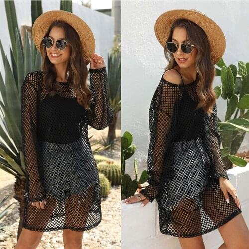 Summer Sexy Women Beachwear Cover Ups Fish Net Hollow Out Swimwear Bikini Beach Wear Coverup Ladies Long Sleeve Shirt Slim Dress