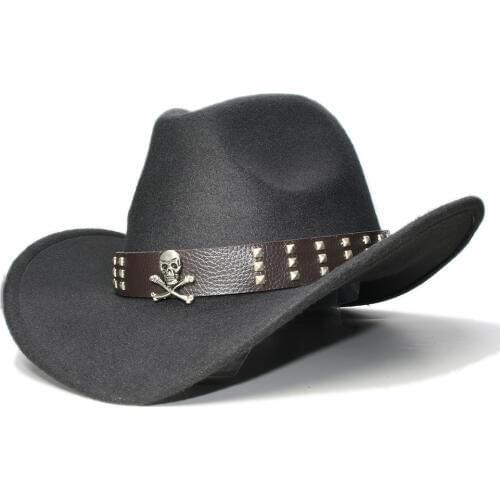 Vintage Retro Women Men Wool Wide Brim Cowboy Western Cowgirl Bowler Hat Fedora Cap Skull Leather Band Band (57cm/Adjust)