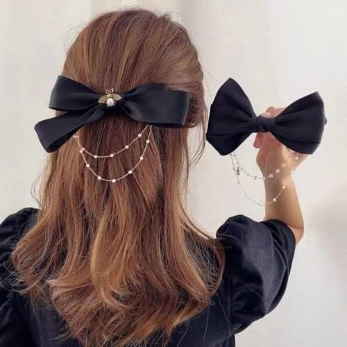 New Elegant Bow Pearls Chain Barrettes Hairpins For Women Rhinestone Spring Hair Clips Ribbon Headband Ponytail Hair Accessories