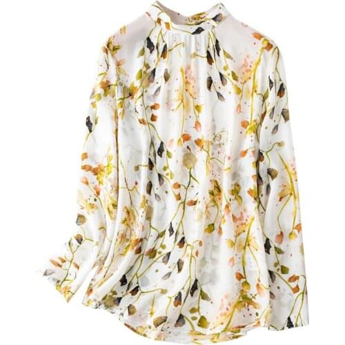 100% natural silk Blouses Floral print Long Sleeve Real Silk Bow Tie Blouse Tops for women Office Wear Shirts work Blouses