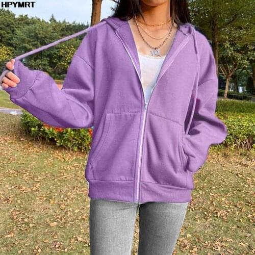 Women Hoodie Harajuku Korean Version Loose Oversized Sweatshirts Solid Color Long-sleeved zipper Hooded Sweatshirt Student Top