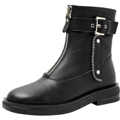 Genuine Cow leather Womens Martin Shoes Round Toe Rivet Zipper Handmade British Style Middle Boots