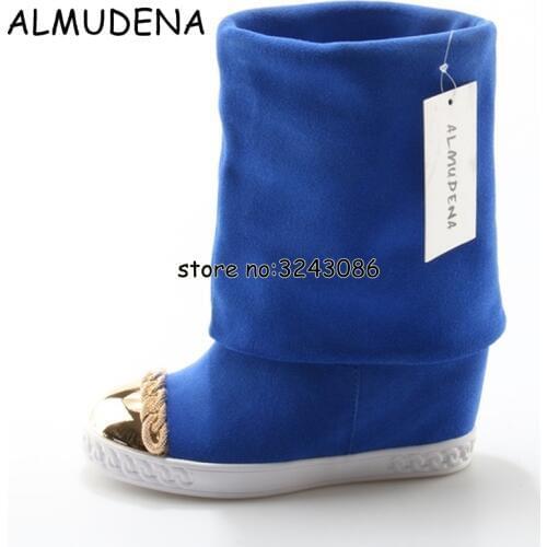 Street Style Lady Metal Golden Chains Hidden Wedge Platform Knee High Boots Slip-on Fashion Woman Fold Over Suede Boots Shoes