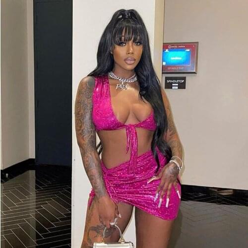 2021 High Quality New Design 2 pcs Women Set Solid Bandage V-neck Short Tops Mini Dress Summer Sexy Club Outfits