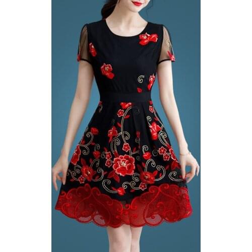 2021 Spring Summer Embroidery Mini Dress Vintage Casual Mesh Lace Party Dresses Vestidos Women Short Sleeve Sundress Plus Size