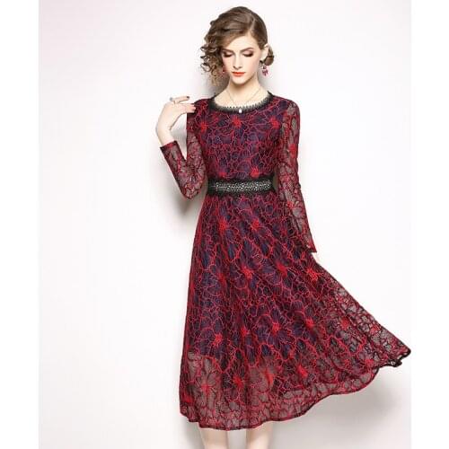 Autumn Women Midi Blue Red Lace Dress Vestidos Mujer 2021 Robe Femme Ladies Work Office Party Dress Roupas Feminina