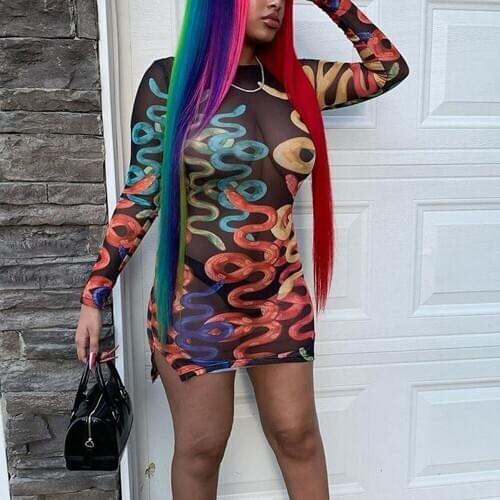 Women Sexy Bodycon Dress See Through Printed Long Sleeve Mini Length Sex for Evening Party Night Club Cloth Transprent Dress New