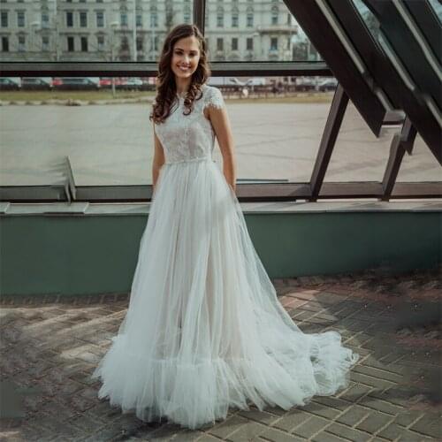 Robe Mariage Short Sleeve Hippie Wedding Dress A Line Lace Tulle Beach Boho Bridal Gowns Vestido De Noiva