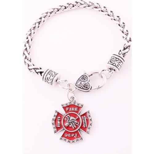 Unisex Charm Bracelet Fire Fighting Pattern FIRE DEPT Written Red Color With Crystals Wheat Link Chain Zinc Alloy Dropshipping