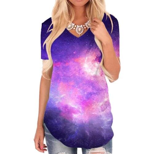 Giyu Brand Galaxy T Shirt Women Nebula T-shirts 3d Sky Funny T shirts Purple V-neck Tshirt Womens Clothing Punk Rock Cool Style
