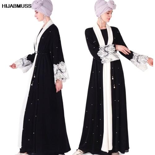 Dubai Abaya Turkey Islamic Womens Pearl Lace Embroidery Elegant Fashion Temperament Robe Belt Included 2021 New