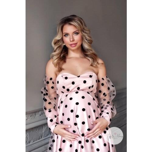 Fashion Elegant Maternity Dresses Strapless Polka Dot Tulle Sleeve Lingerie Pregant Women Wedding Bridal Party Gown