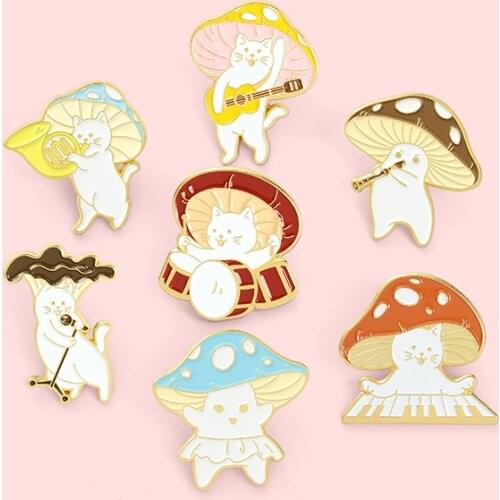 Fashion Cartoon Mushroom Band Badge Cute Cat Guitar Electronic Organ Metal Enamel Brooch Fun Lapel Backpack Jewelry Gift