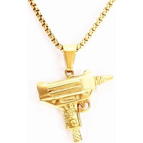 Stainless Steel Hip Hop Gold Uzi Gun Men Punk Rock Pendant Necklace Jewelry Gift For Him with Chain