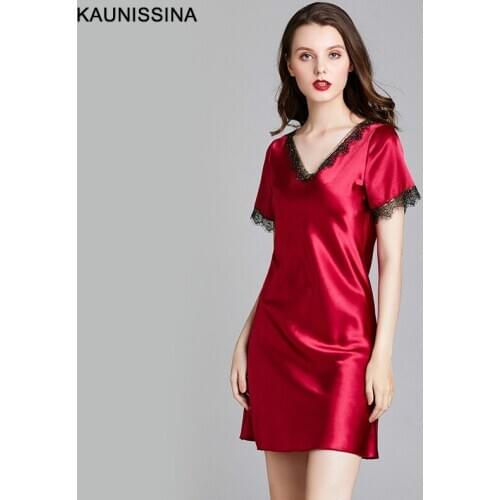 Women Sexy Nightgown Short Sleeve V-Neck Soft Silk Lace Trim Nightdress Sleepwear Summer Night Dress Female Home Clothing