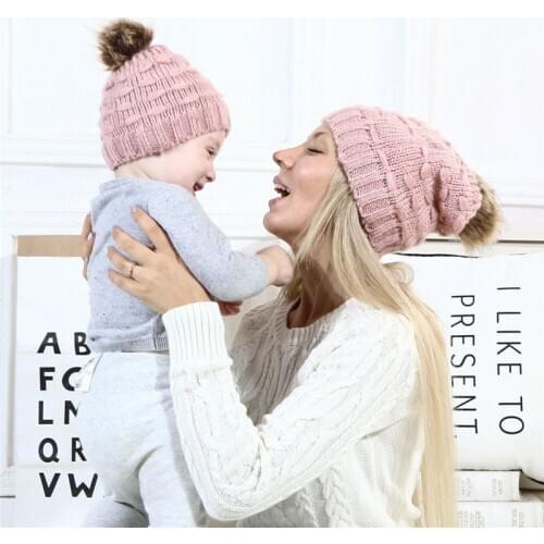 Solid Color Faux Fur Ball Pompom Winter Warm Hats For Women Crochet Women Hat Beanies Family Cap