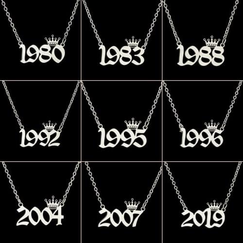 Memorial Day Year Number Necklaces for Women Wedding Jewelry Stainless Steel Crown Birth Year Pendant Necklace Friendship Gifts