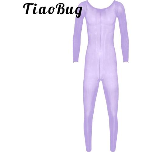 Sexy Mens Glossy Catsuit See-through Skinny Bodycon Solid Color Stretchy Romper Long Sleeve Round Neck Slim Fit Leotard Bodysuit