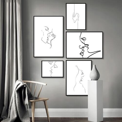Line Draw Poster Wall Art Print Black and White Canvas Painting Lover Kiss Quote Pictures for Living Room Home Decor