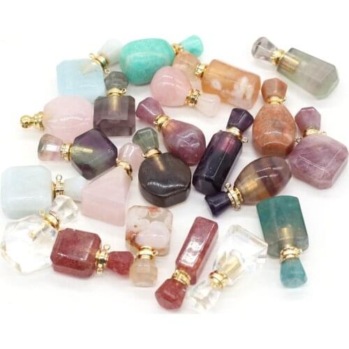 Natural Perfume Bottle Stone Pendant Necklace Crystal Agates Amethysts Essential Oil Diffuser Stone Charms for Jewelry Making