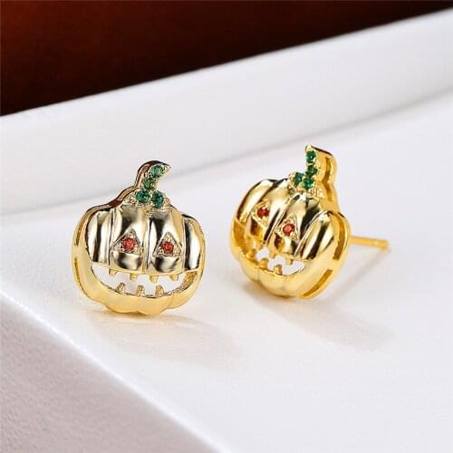 Vintage Gold Color Small Earrings Dainty Pumpkin Halloween Stud Earrings Minimalist Female Red Green Crystal Earrings For Women