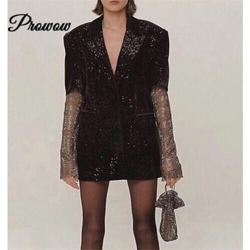 2020 High Quality Women Coat Jacket Long Sleeve Crystal Sleeve Black Jacket Coat Pearlescent Velvet Mesh Suit Clothes Tide