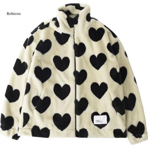 Sweetness Winter Heart Pattern Padded Down Teddy Fur Jacket Coat Women Thicken Warm Faux Fur Overcoat Fluffy Cozy Loose Outfits