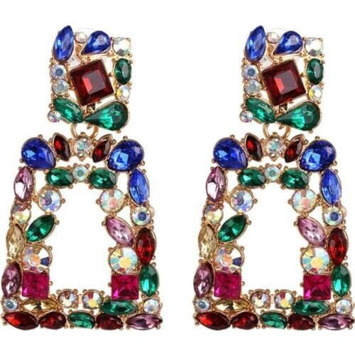 Fashion Colorful Crystal Geometric Statement Drop Earrings Women Square Water Drop Long Earrings Jewelry Indian Large Earring