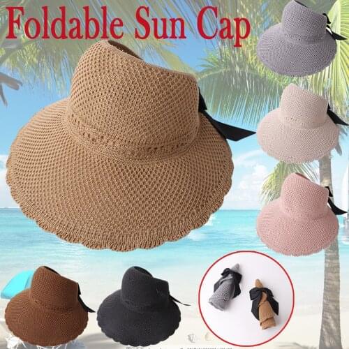 Women Sun Hats 2021 Fashion Bow Caps Summer Casual Hat Visor Fold Able Roll Up Wide Open Top Sun Beach Cap Панама Женская