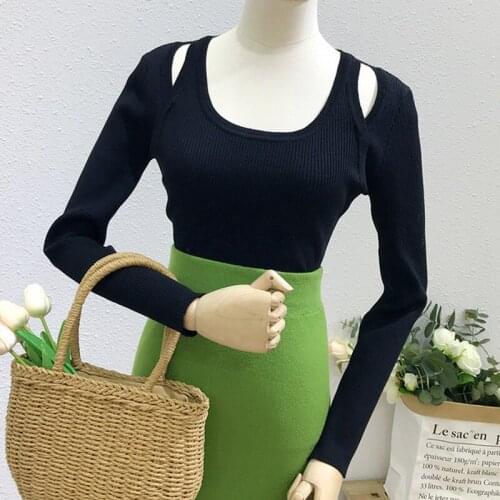 Sexy Off-the-shoulder Fall Knit Pullovers Women 2021 New Chic Designed Long Sleeve Soft Sweater Vintage Slim Autumn Jumper