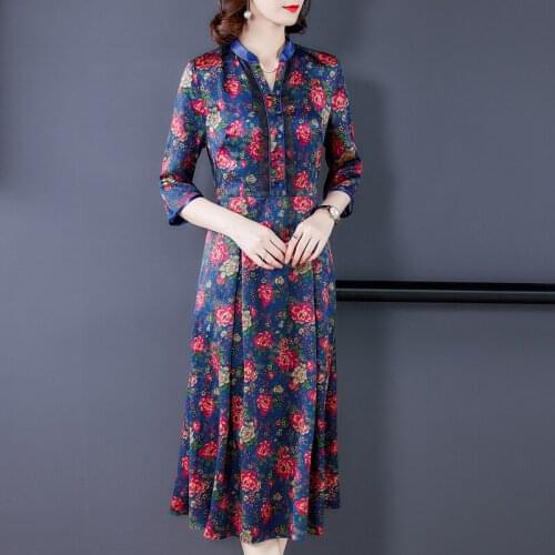 Chikichi 2021 New Summer Chinese Style Floral Satin Cheongsam Dress Vintage Fashion V-neck Loose Long Dress for Women Plus Size