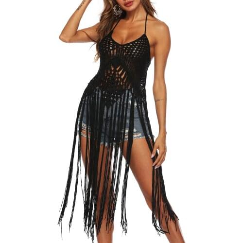 Women Sexy Hollow Out Crochet Bikini Cover Up Halter Open Back Bohemian Seaside Swim Dress Fringe Beachwear Simple Fashion