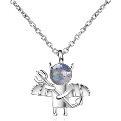 Cute Devil Pendant Necklace For Women 925 Sterling Silver Natural Blue Light Moonstone Short Clavicle Chain Designer Jewelry