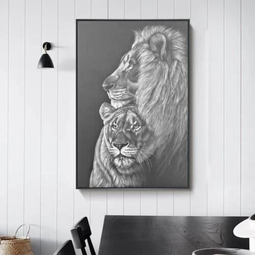 Animal Black and White Two Lions Canvas Painting Wall Art Nordic Posters and Prints Wall Pictures for Living Room Decoration