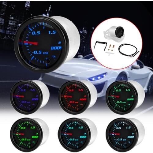 12V 2inch 52MMTurbo Boost Gauge Vacuum Press Meter -1~2 Bar 7 Color LED Black Len Vacuum Hose Cable Car T-Fitting Accessories