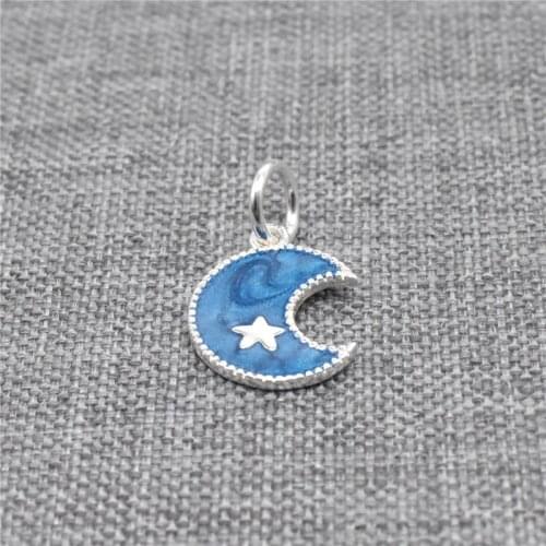 4 Pieces of 925 Sterling Silver Crescent Moon Charms Enameled with Star for Bracelet Necklace