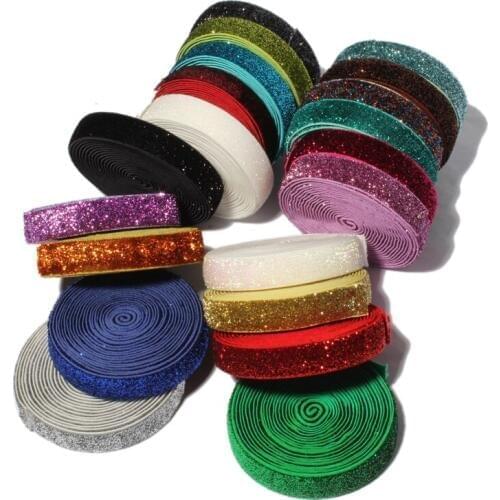 50Yards 5/8" Rainbow Glitter Fold Over Elastic Ribbon FOE for Kids Hair Accessories Girls Elastic Headbands Hair Ties Hairbow