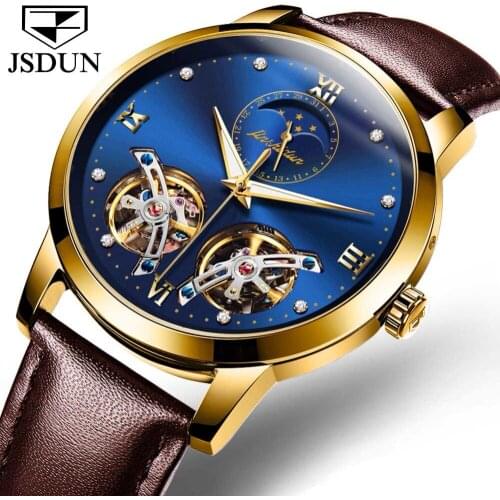 JSDUN Double Tourbillon waterproof Automatic mens watch Imperial Lust Bright Mechanical watch for Man 18K gold leather strap