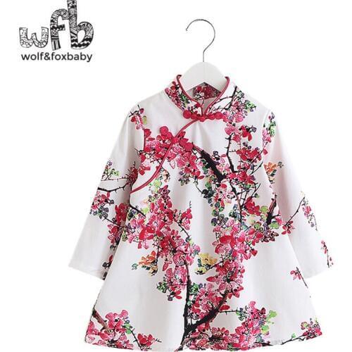 Retail 2-8 years childrens girls long-sleeves cheongsam dress spring autumn fall summer printing