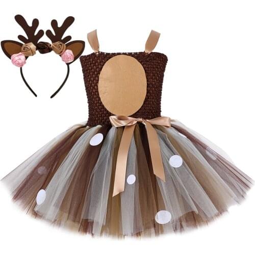 Girls Christmas Deer Tutu Dress Baby Girl Birthday Party Dresses Purim Halloween Animal Cosplay Costume for Kids Clothes 1-14Y