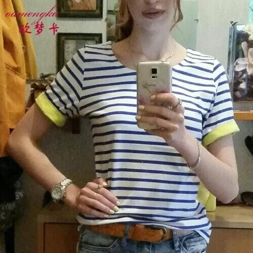 OUMENGKA New Fashion Womens Brand Striped T-shirt For Women Casual Short Sleeve Cotton Female Tops Black Gray Blue xxxl xxxxl