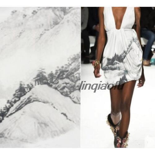 Ink and space cotton landscape printing fabric silhouette dress printing fashion catwalk design fabric