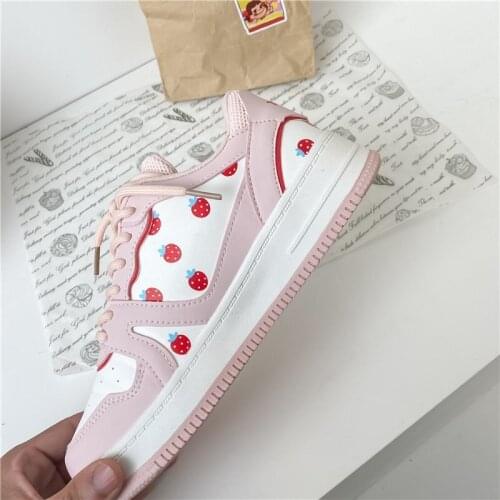 Women Flat Platform Vulcanized Shoes Canvas Lace Up Strawberry Graffiti Students Ladies Spring Casual Fashion Female Board Shoes