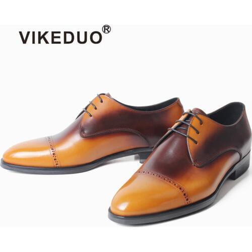 VIKEDUO Patina Derby Dress Shoes For Men Round Toe Wedding Office Mans Footwear Fashion Handmade Zapatos de Hombre Brown Shoes