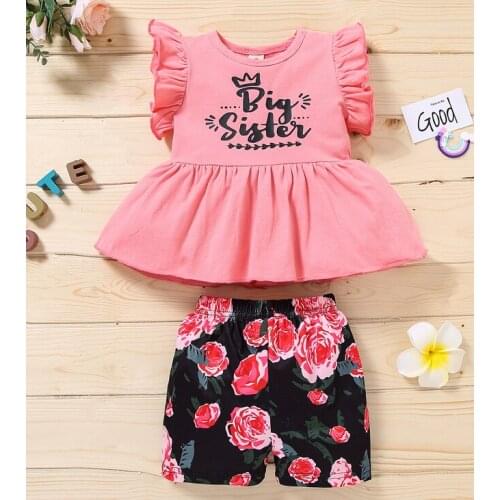Summer Girls Casual Two-piece Clothes Set Pink Round Collar Fly Sleeves Tops and Stylish Black Floral Printed Pattern Shorts