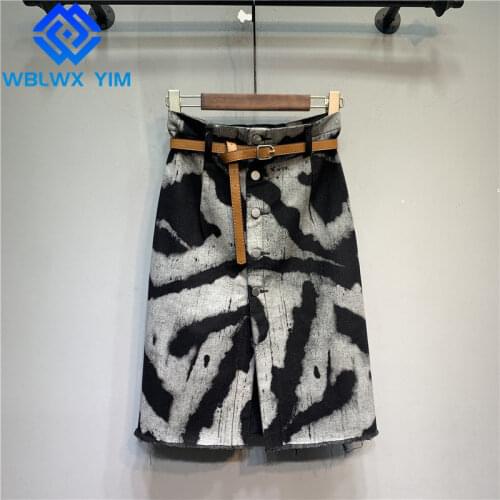 Summer Denim Skirt Women Single Breasted Fashion Hand Painted High Waist Midi Long Skirt Female Plus Size Loose Jeans Skirts